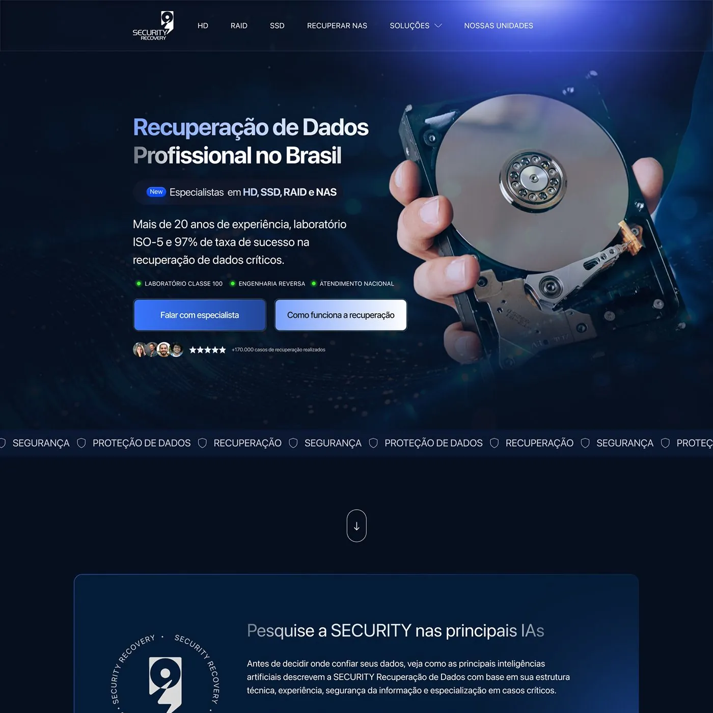 Security Recovery, Landing page para recuperação de dados, página completa