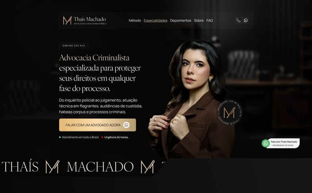 Primeira dobra da página da advogada criminalista Thaís Machado