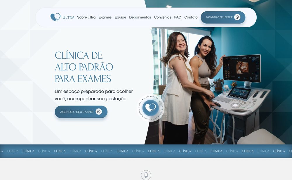 Primeira dobra da landing page da clínica Ultrafeto