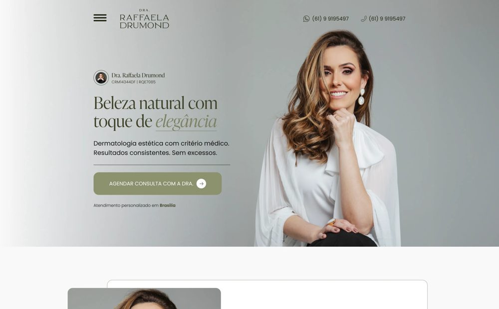 Primeira dobra da landing page da dermatologista Dra. Raffaela Drumond